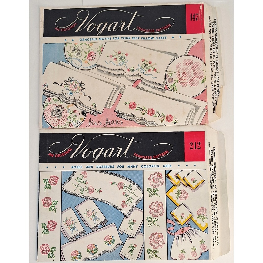 Lot Of 2 Vogart Transfer Floral Patterns Pillowcases Dresser‎ Scarves Towel